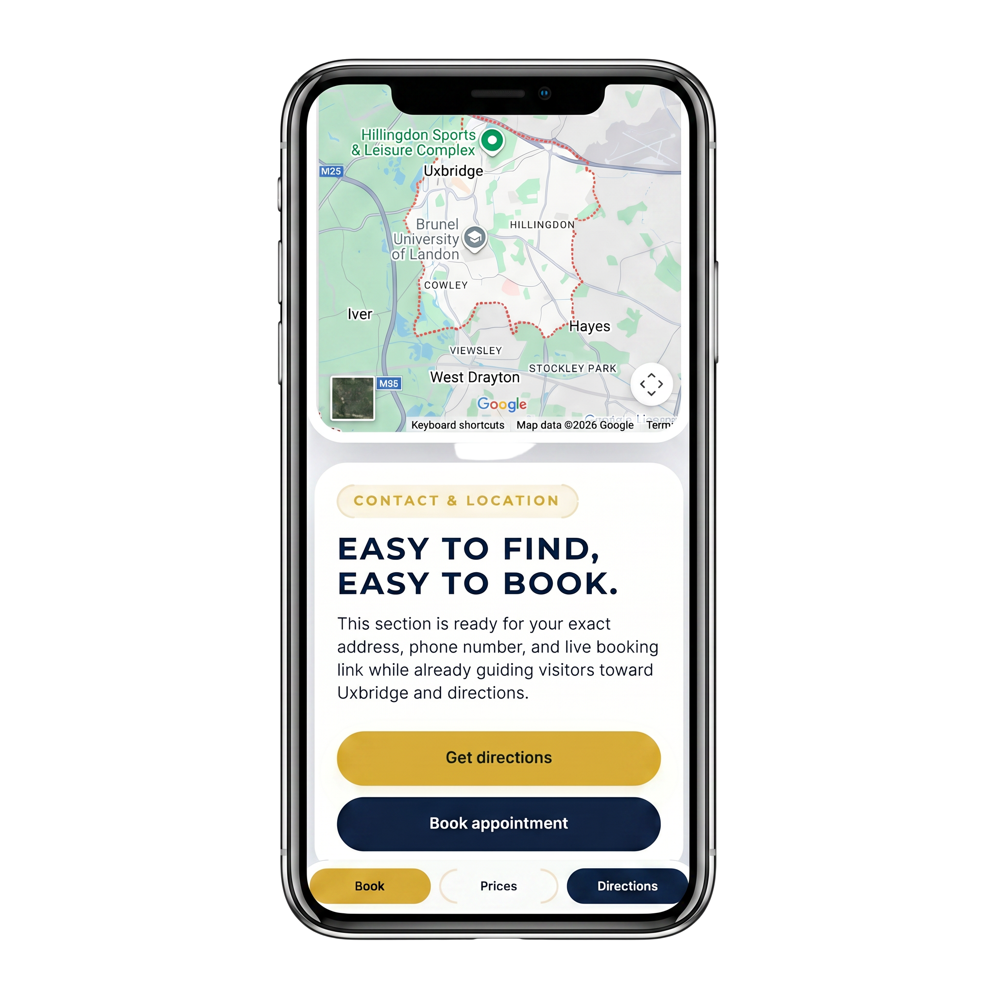 Client website shown on an iPhone
