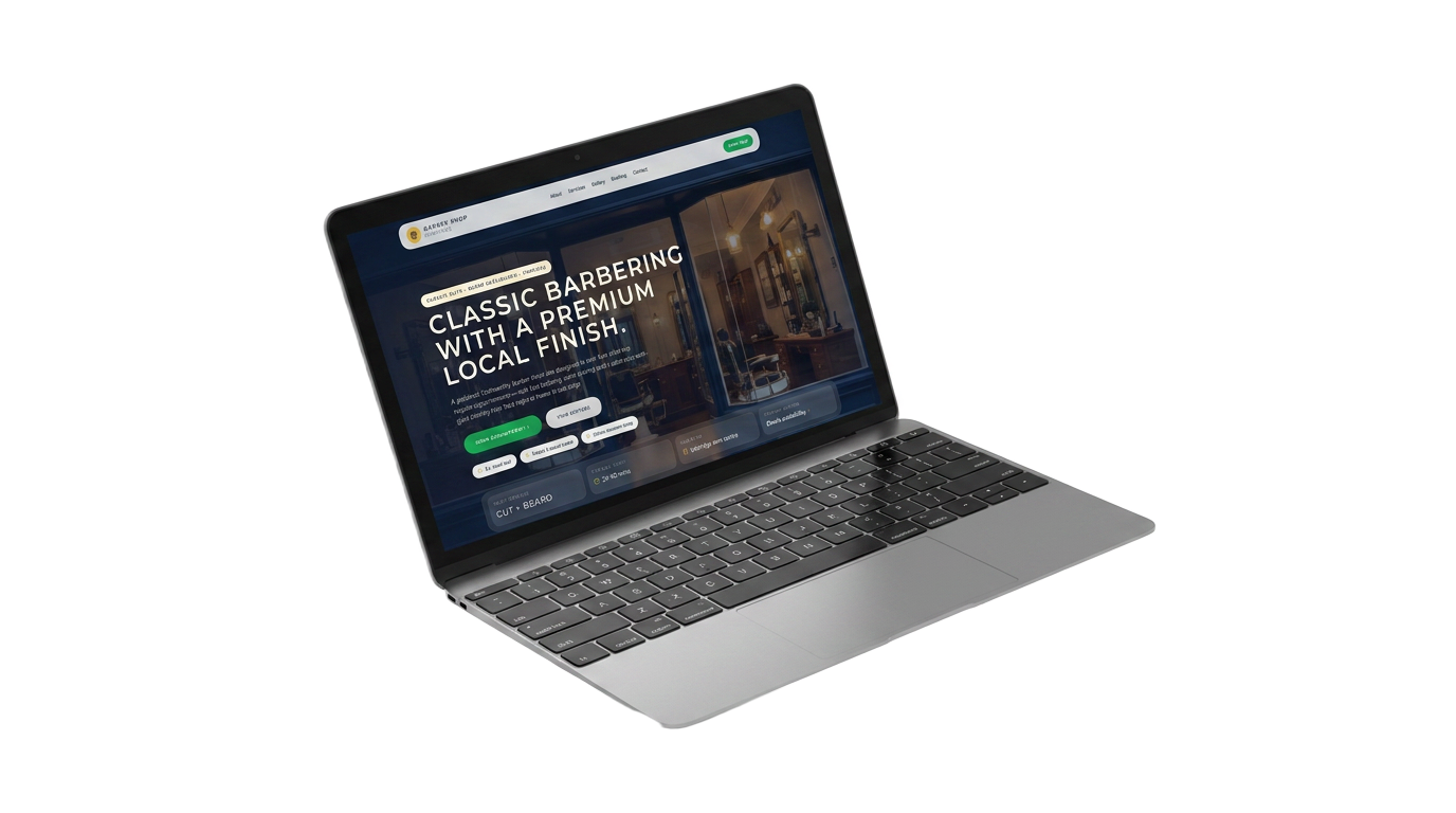 Example client website — a barber shop landing page displayed on a floating laptop